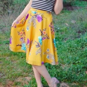 Modcloth Women's Small Satin Floral Circle Skirt Yellow Retro Rockabilly 50's
